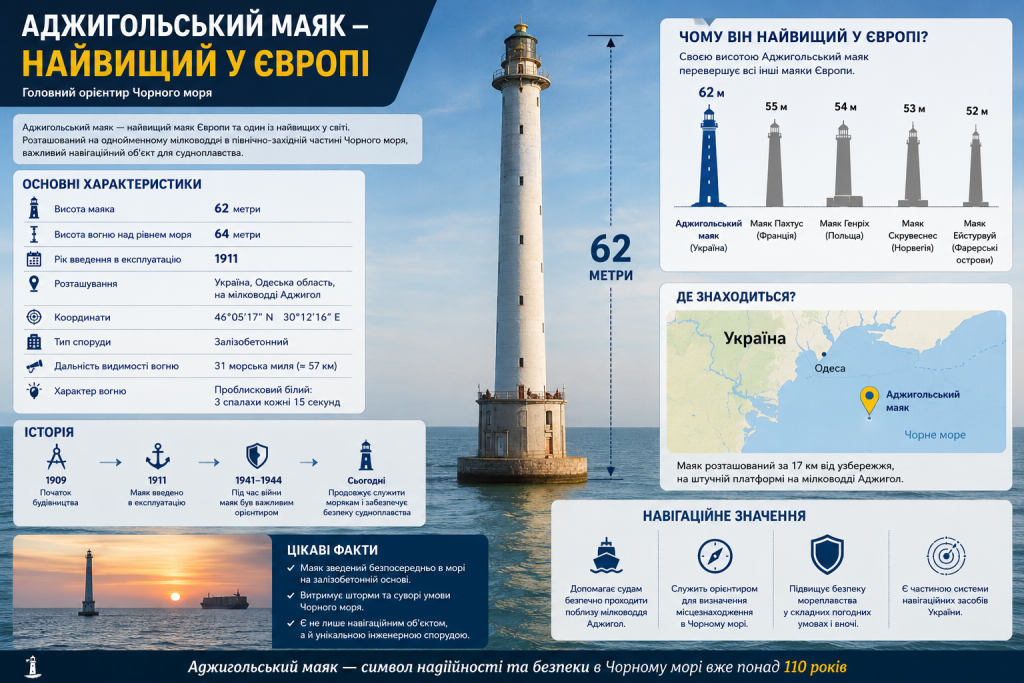 Інфографіка: характеристики Аджигольського маяка заввишки 62 м — порівняння з маяками Європи, розташування на мілководді Чорного моря та навігаційне значення