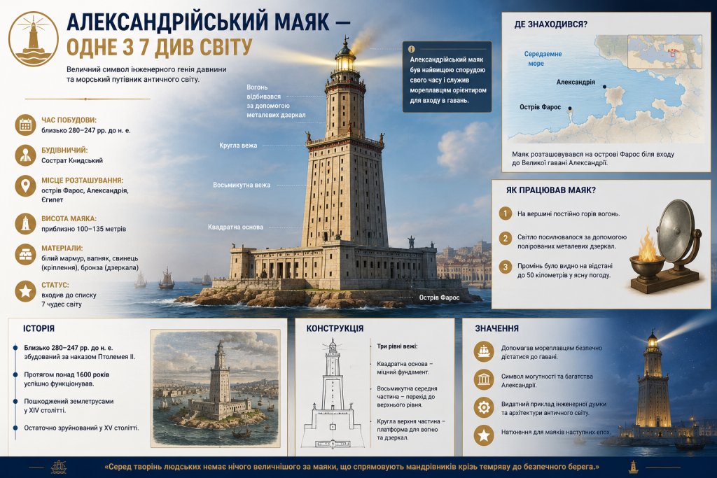 Інфографіка про історію, конструкцію та значення Александрійського маяка в Єгипті