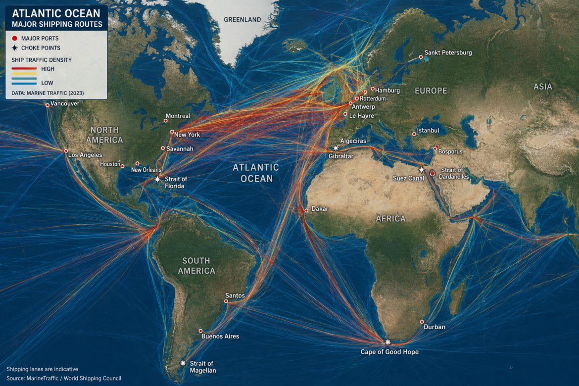 Карта Atlantic Ocean Major Shipping Routes з даних MarineTraffic 2023: щільність судноплавства кольоровими лініями між портами Нью-Йорк, Роттердам, Гамбург та ключовими протоками