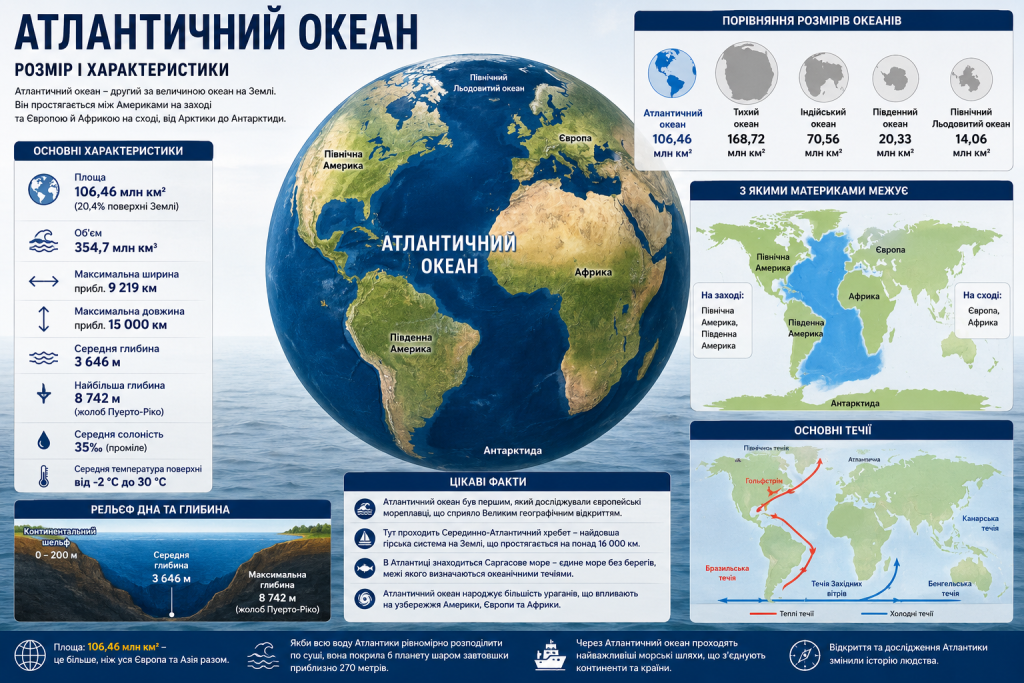Інфографіка: характеристики Атлантичного океану площею 106,46 млн км², порівняння з іншими океанами, основні течії Гольфстрім і Бразильська, рельєф дна та жолоб Пуерто-Ріко