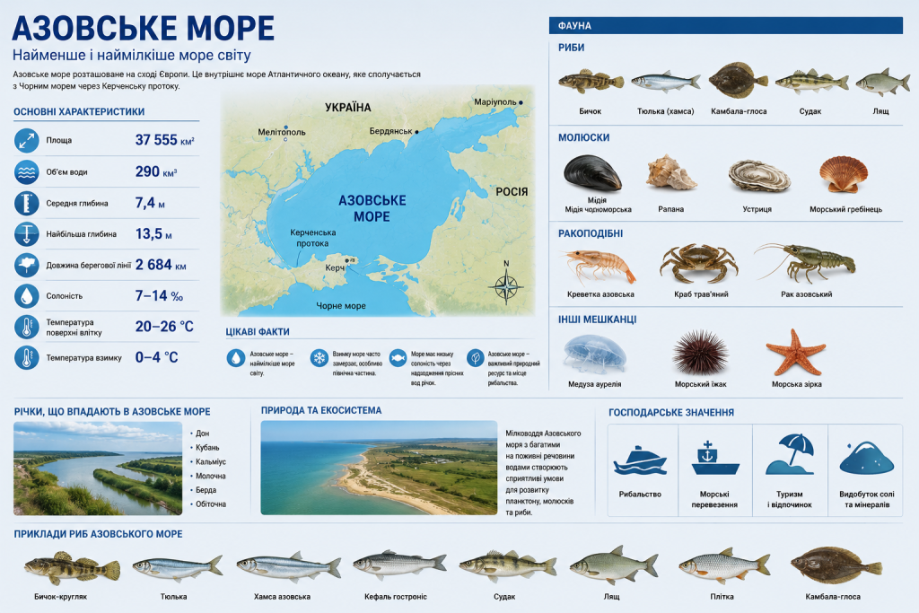 Інфографіка про Азовське море з розмірами, глибинами, річками та видами риб і молюсків
