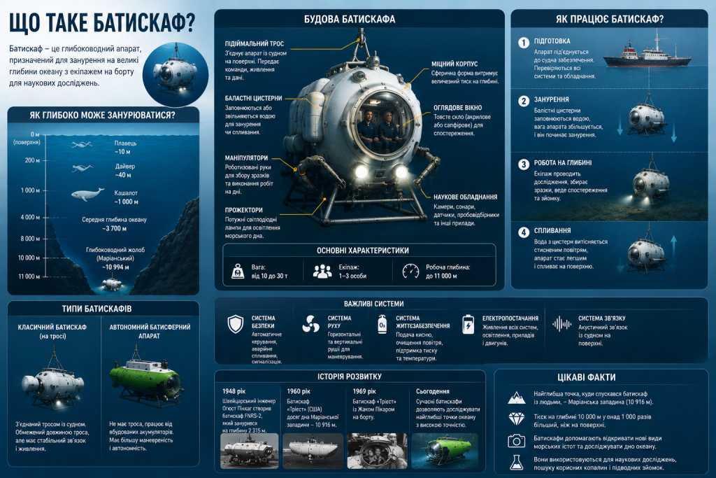 Інфографіка: будова батискафа з підйомним тросом, баластними цистернами, маніпуляторами та науковим обладнанням, принцип занурення та спливання, типи апаратів та їх характеристики