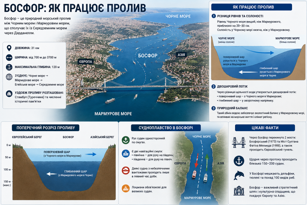 Інфографіка: механізм роботи протоки Босфор між Чорним і Мармуровим морями, двошаровий водний потік, поперечний розріз, правила судноплавства та цікаві факти