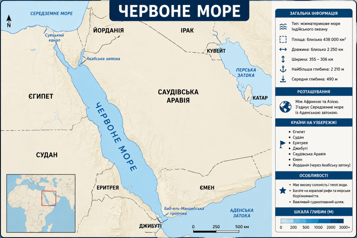 Детальна карта Червоного моря із позначенням сусідніх країн, заток, Суецького каналу, основних географічних особливостей та характеристик моря.