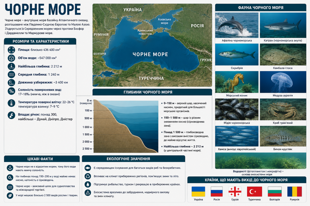 Інфографіка з характеристиками глибин, розмірів та представниками фауни Чорного моря