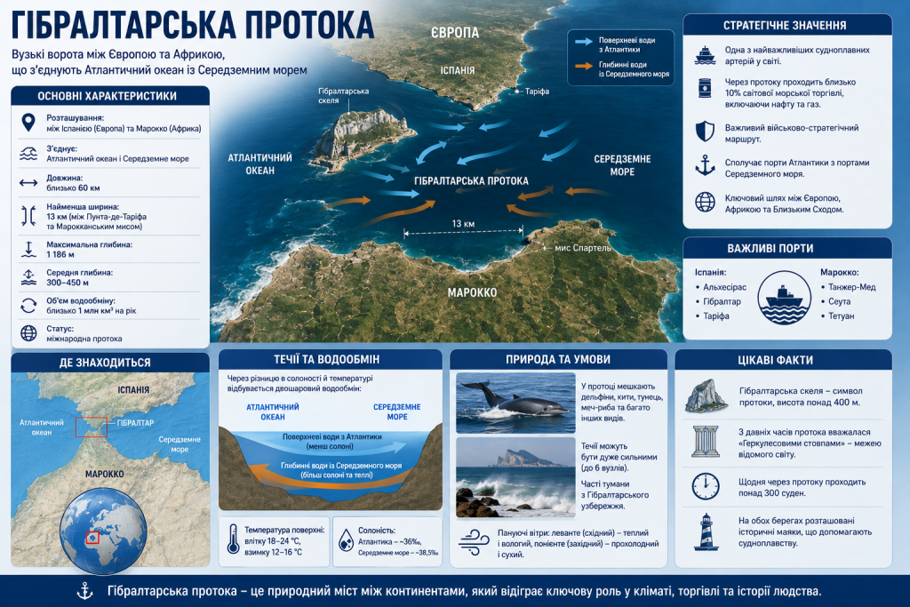 Інфографіка про Гібралтарську протоку між Європою та Африкою з течіями, глибинами та фауною