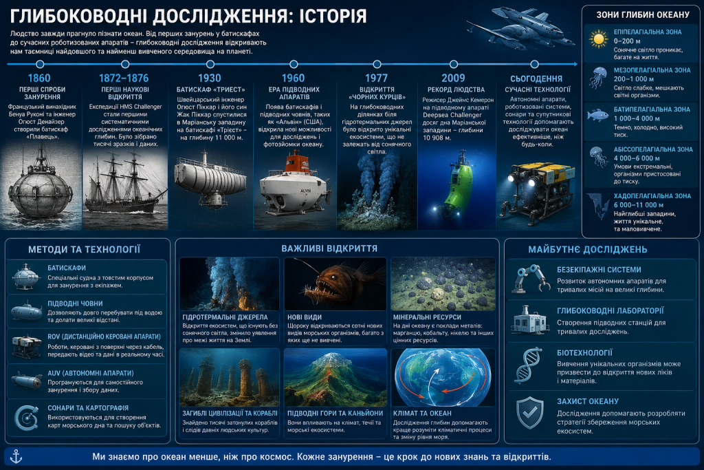 Інфографіка: хронологія глибоководних досліджень від перших батискафів 1860 р. до рекорду Кемерона 2009 р., зони глибин океану, методи та важливі відкриття