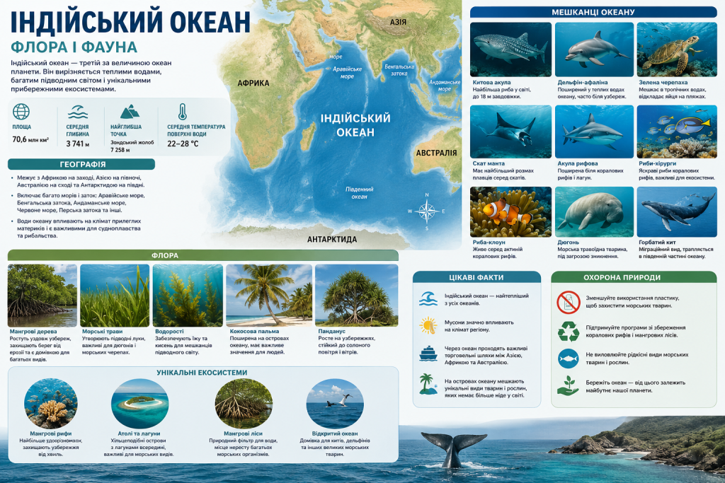 Інфографіка про Індійський океан із картою, мешканцями, флорою та цікавими фактами.