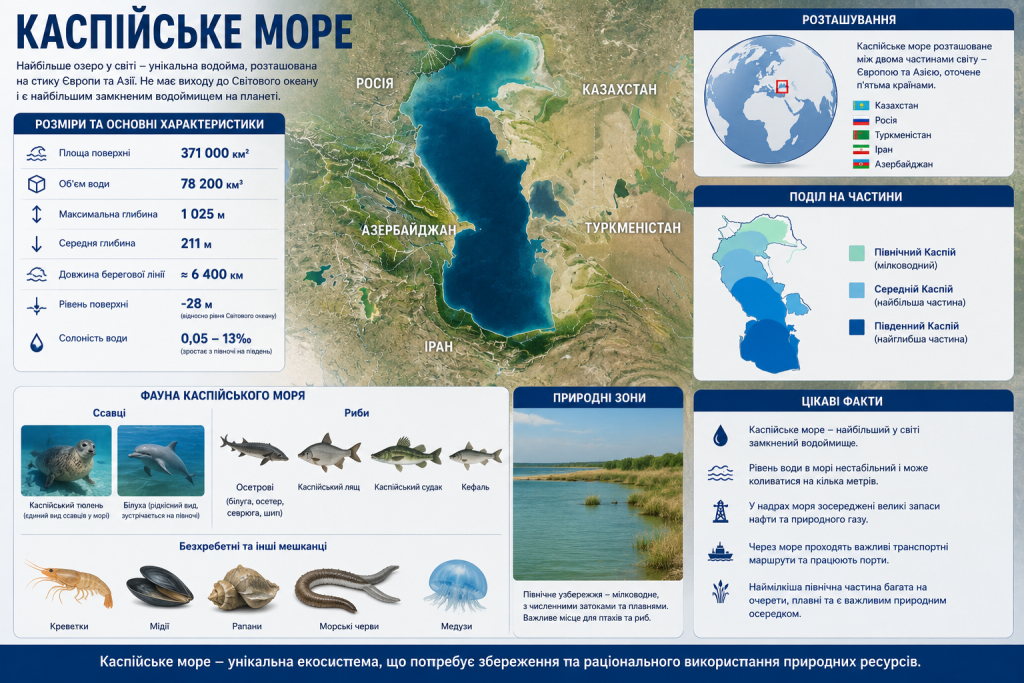 Інфографіка: параметри Каспійського моря площею 371 000 км², п'ять країн узбережжя, фауна — каспійський тюлень, осетрові, судак — та природні зони від мілководної північ до глибокого півдня