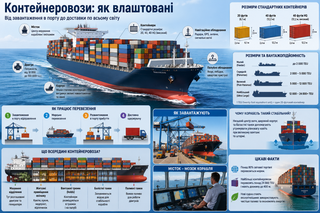 Інфографіка про будову контейнеровоза, розміри контейнерів, вантажопідйомність та процес перевезення