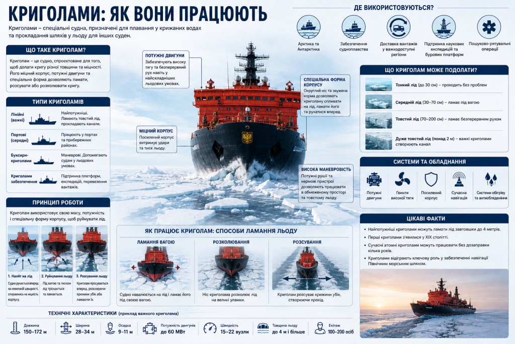 Інфографіка: принцип роботи криголама, типи суден, будова корпусу та двигунів, три способи ламання льоду — вагою, розколюванням та розсуванням — і технічні характеристики
