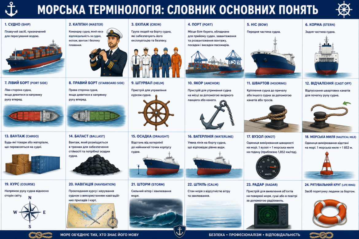 Інфографіка зі словником морських термінів: судно, капітан, екіпаж, ніс, корма, штурвал та інше