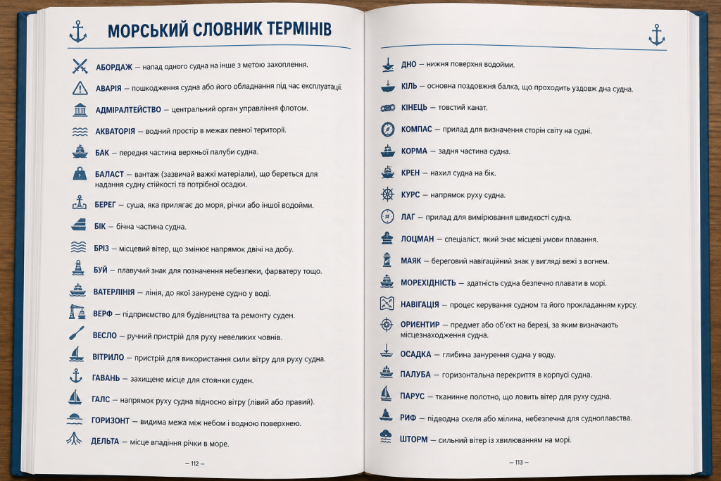 Розгорнута книга зі словником морських термінів на кшталт абордаж, баласт, ватерлінія, маяк