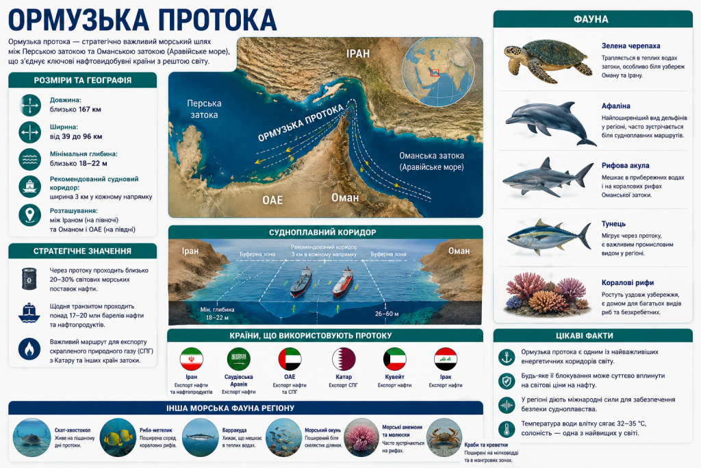 Інфографіка з географічними характеристиками, стратегічним значенням та фауною Ормузької протоки