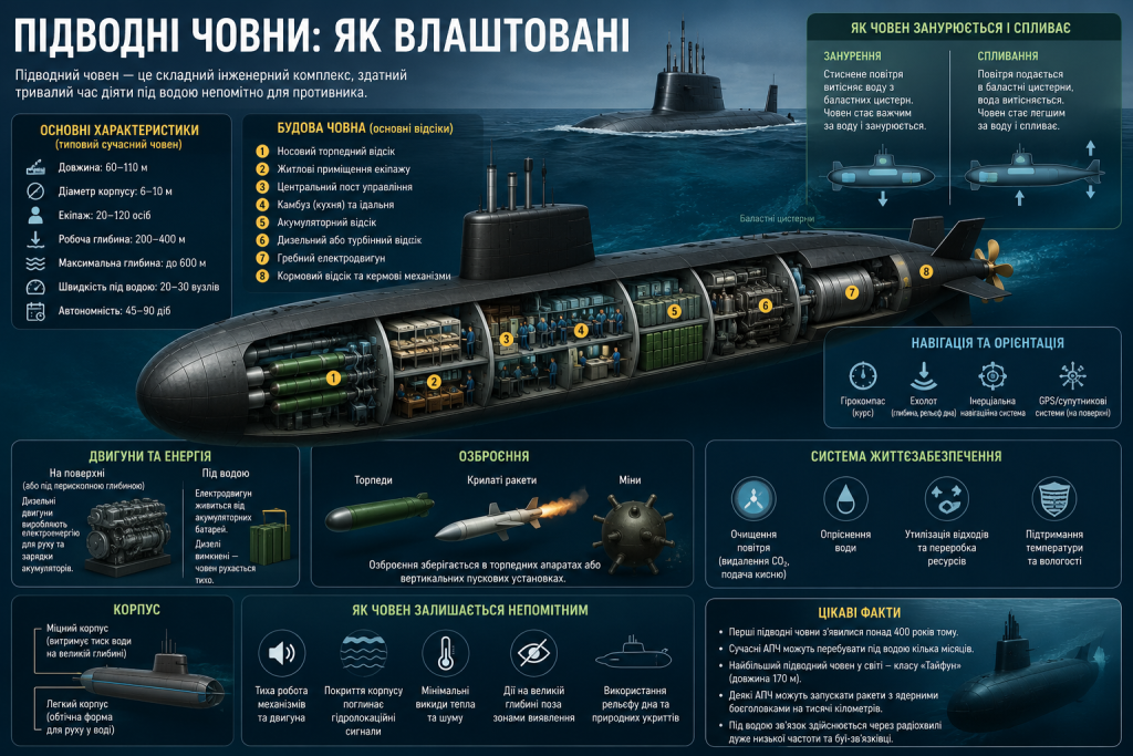Інфографіка про будову сучасного підводного човна з позначенням внутрішніх відсіків, принципу занурення і спливання, систем життєзабезпечення, навігації, озброєння та основних технічних характеристик.