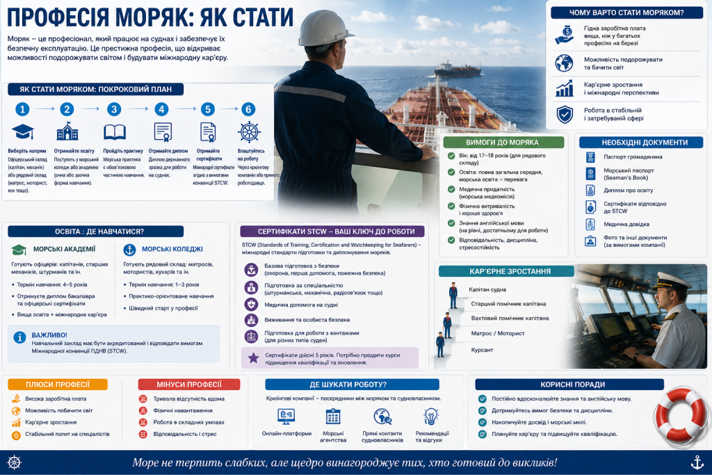 Інфографіка: покроковий план як стати моряком — вибір напряму, освіта в академії або коледжі, практика, диплом, сертифікати STCW, вимоги та плюси і мінуси професії