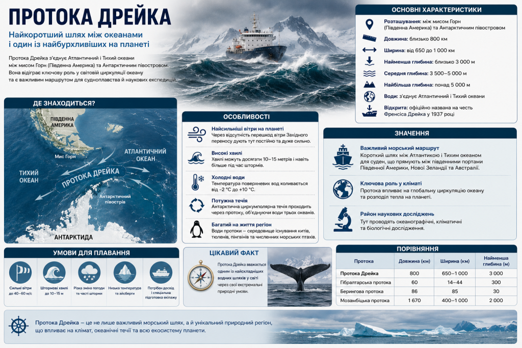 Інфографіка про протоку Дрейка, її розташування, кліматичні умови та особливості