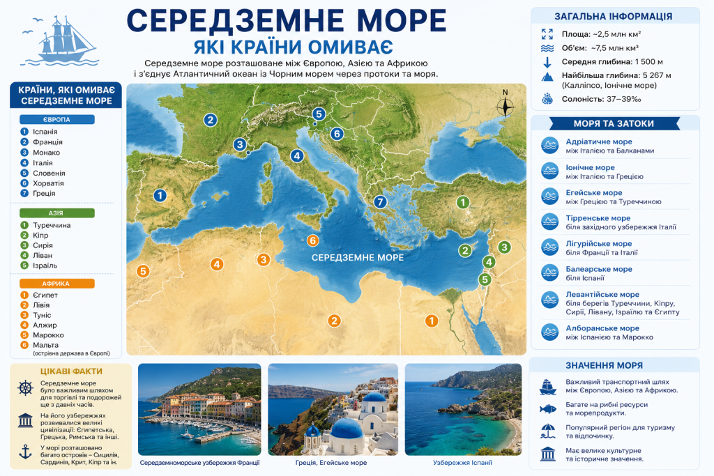 Інфографіка з картою Середземного моря та переліком 22 країн трьох континентів, які воно омиває, з характеристиками площі 2,5 млн км², глибини та морів-заток