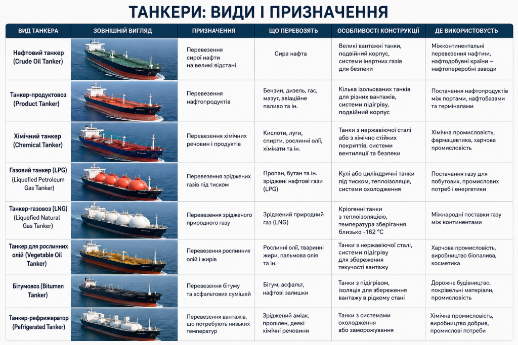 Таблиця з описом основних видів танкерів, їх призначенням та конструктивними особливостями