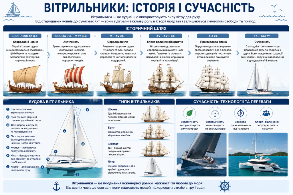 Інфографіка: хронологія розвитку вітрильників від 3000 до н.е. до XXI ст., будова судна, типи вітрильників — шхуна, бриг, фрегат, яхта — та переваги сучасного вітрильного спорту