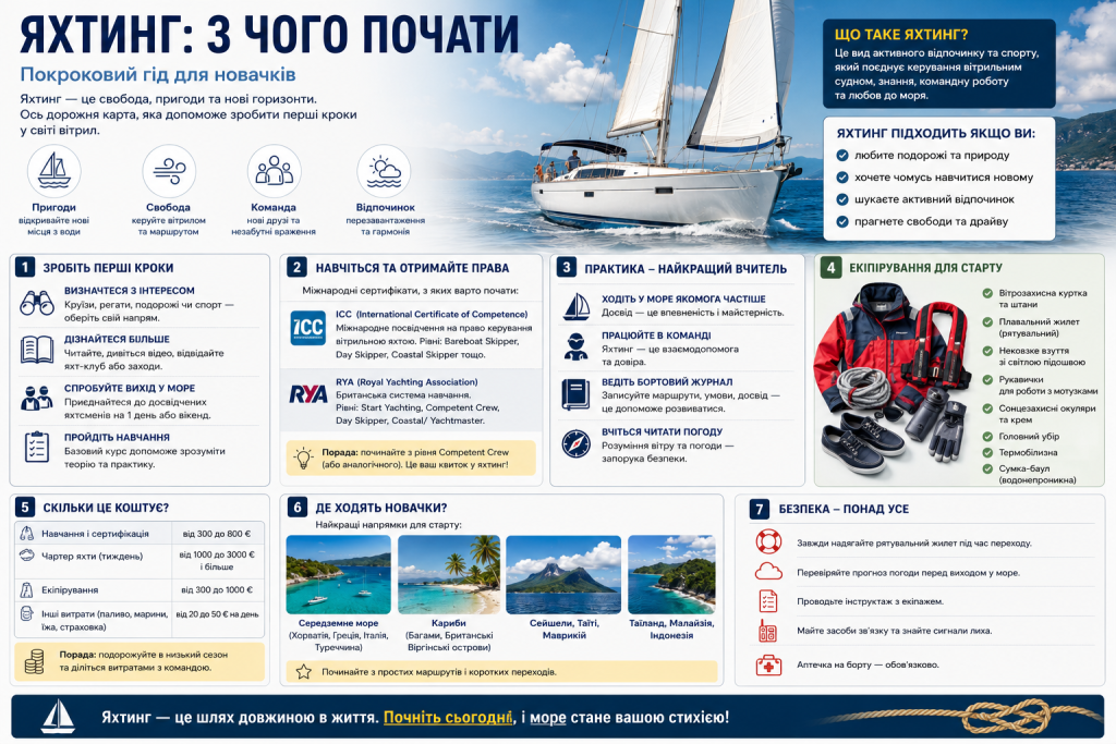 Інфографіка про перші кроки в яхтингу, навчання, спорядження та безпеку