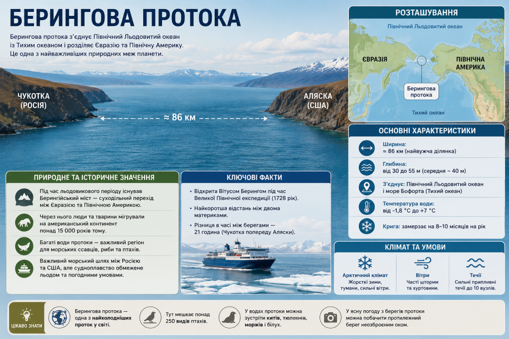 Інфографіка про Берингову протоку між Чукоткою та Аляскою з картою, шириною, глибиною й кліматичними умовами.