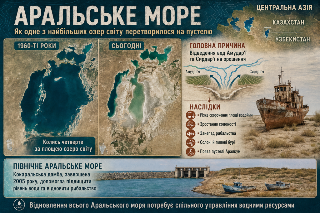 Інфографіка про висихання Аральського моря, зміну його площі з 1960-х років, причини екологічної катастрофи та її наслідки.