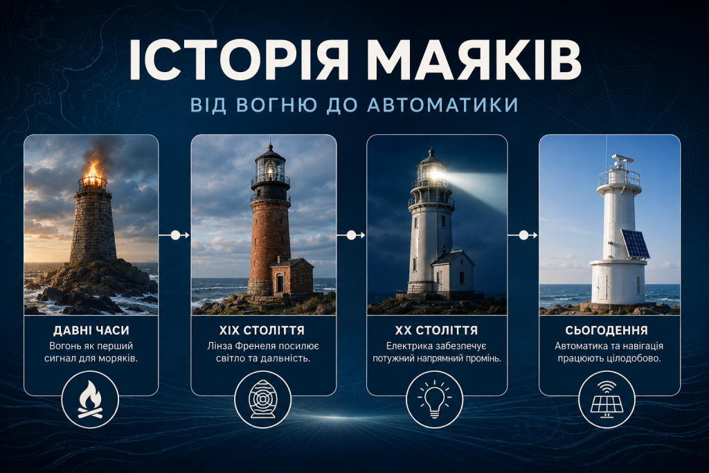 Інфографіка про розвиток маяків від давніх вогняних сигналів до електричного світла, навігації та автоматизації