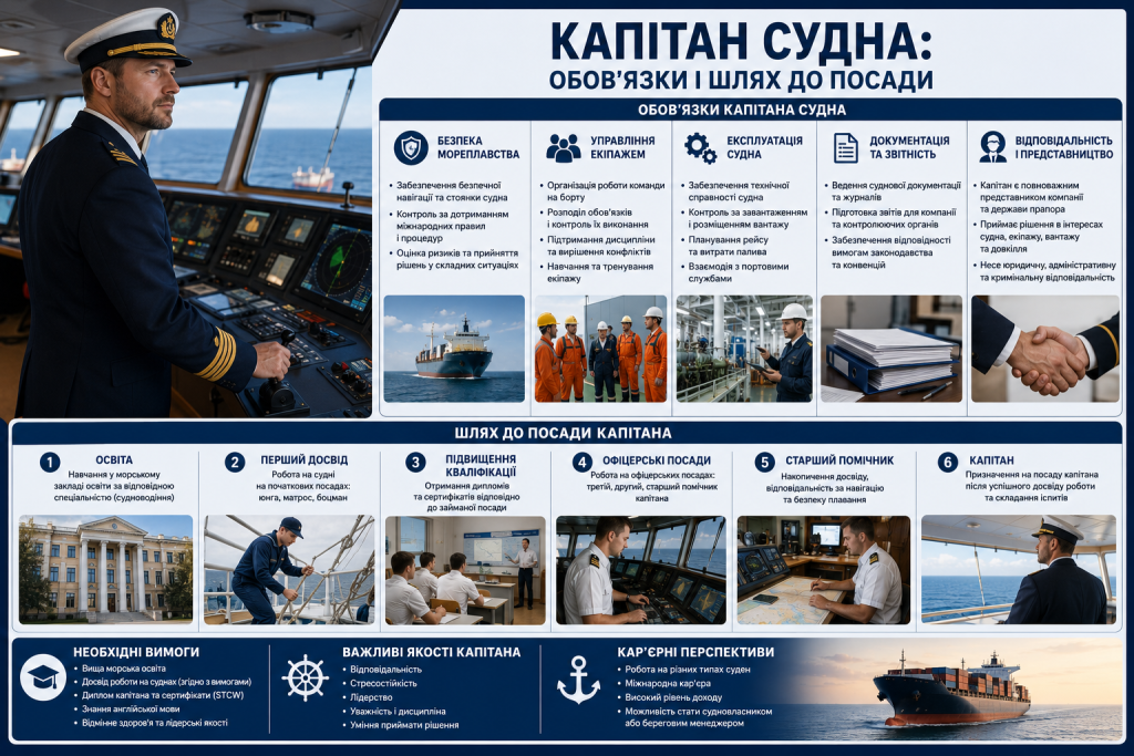 Інфографіка про обов’язки капітана судна, необхідні вимоги та етапи кар’єрного шляху