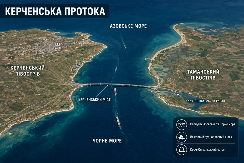 Карта Керченської протоки між Керченським і Таманським півостровами з Азовським і Чорним морями