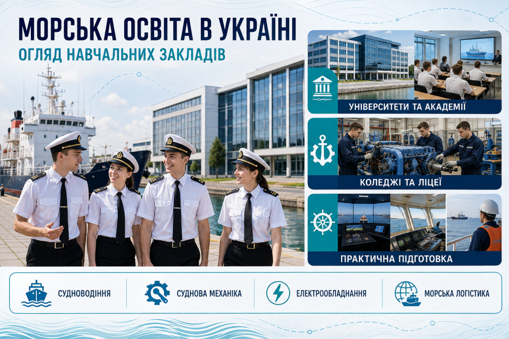 Морська освіта в Україні — інфографіка про університети, академії, коледжі, морські спеціальності та практичну підготовку