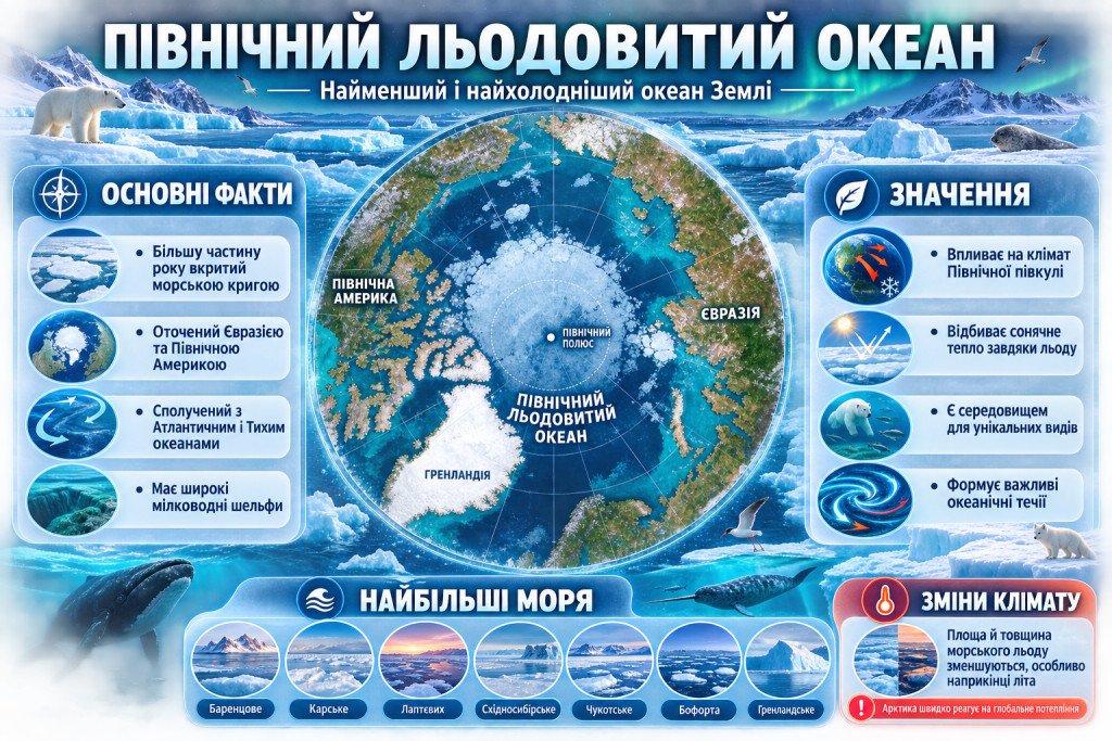 Інфографіка про Північний Льодовитий океан, його розташування, моря, морський лід, природне значення та вплив кліматичних змін.