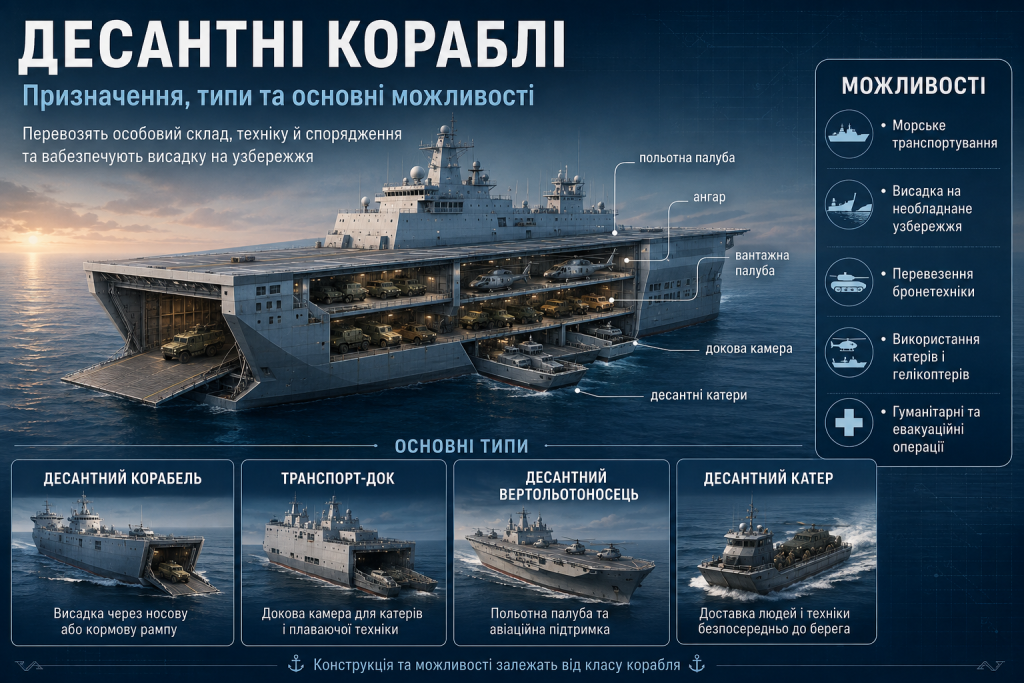 Інфографіка про десантні кораблі, їх основні типи, конструкцію, перевезення військової техніки, катерів і гелікоптерів та висадку на узбережжя.