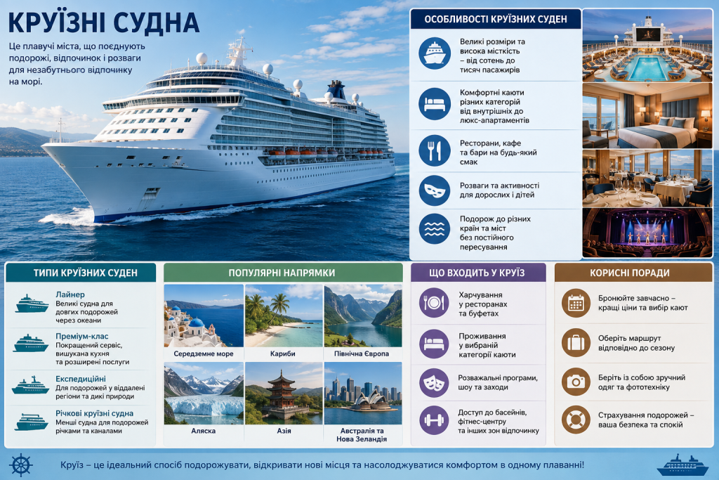 Інфографіка про типи круїзних суден, популярні напрямки, послуги на борту та поради туристам.