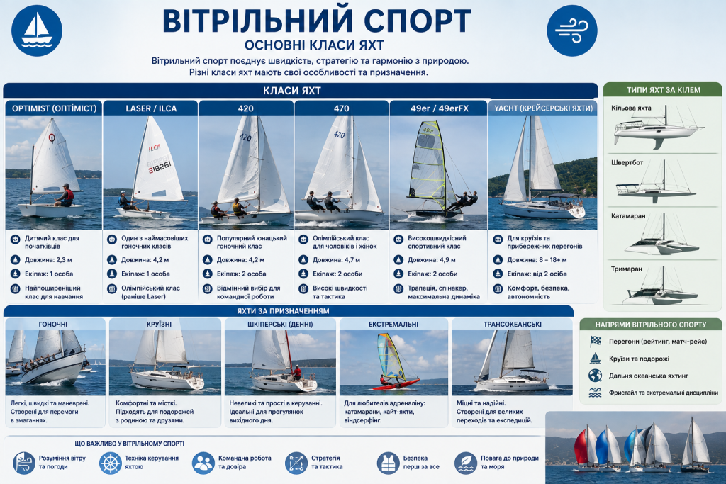 Інфографіка з основними класами вітрильних яхт, їх призначенням та напрямами яхтингу.