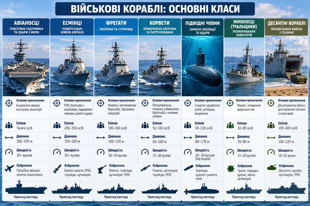 Порівняльна інфографіка основних класів військових кораблів: авіаносці, есмінці, фрегати, корвети, підводні човни, мінні тральщики та десантні кораблі з їхніми характеристиками.