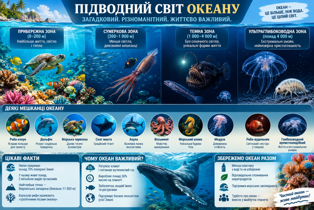 Інфографіка про підводний світ океану, його глибинні зони, морських тварин, цікаві факти та значення океану