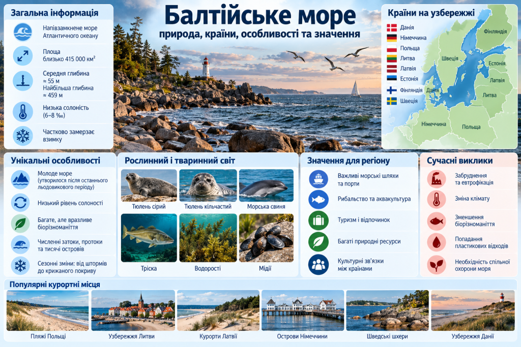 Інфографіка про Балтійське море, його природні особливості, країни узбережжя, тваринний світ, курорти та значення для регіону.
