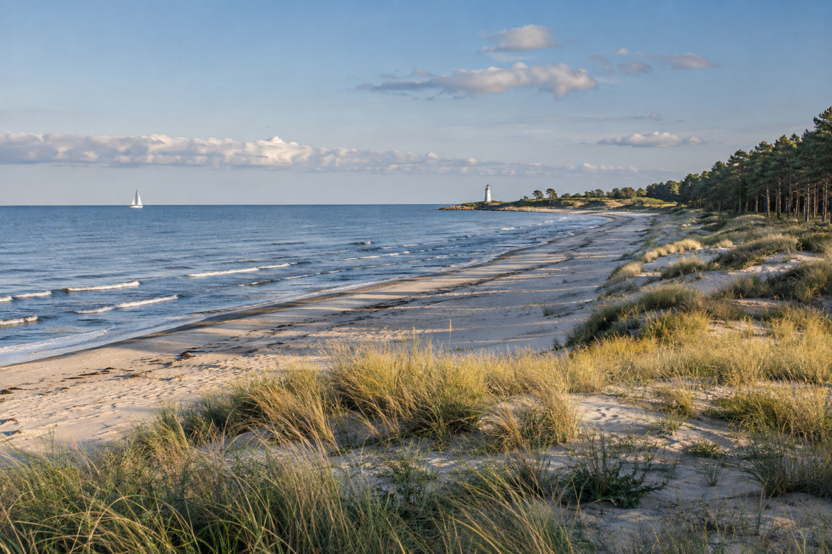 Піщане узбережжя Балтійського моря з дюнами, сосновим лісом, маяком і спокійною морською поверхнею.